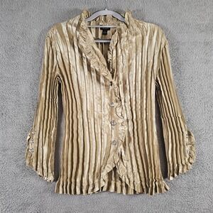 MSK Gold Pleated Shimmer Blouse Rhinestone‎ Button Ruffle Top Womens Large